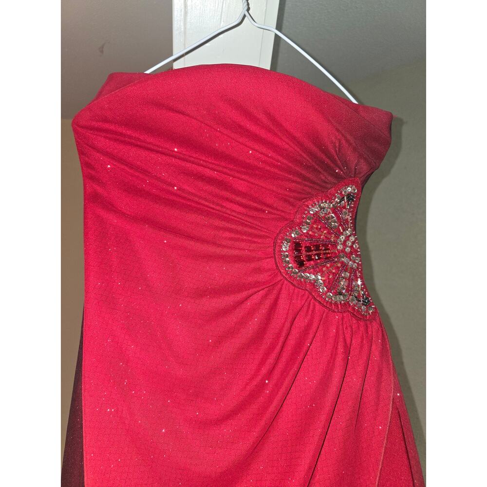 Teeze Me Red High-Low Dress Strapless Beaded Formal Prom Cocktail Evening Gown - Picture 11 of 13